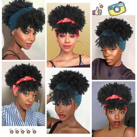 LEOSA Headband Wig for Black Women ,Wrap Wig 2 in 1 Afro Wig Curly Rlue Turban Headband Wigs with Bangs Short Kinky Curly Wig Wrap Wigs for Black Women Afro Curly Scarf Drawstring Wigs