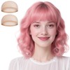 Short Curly Pink Bob Wig with Bangs, Wavy Hair Synthetic