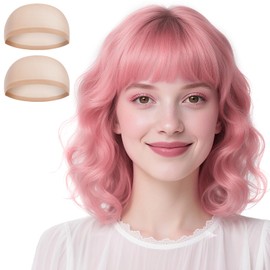 Short Curly Pink Bob Wig with Bangs, Wavy Hair Synthetic Wave Wig