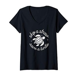 Womens Skip A Straw Save A Turtle V-Neck T-Shirt