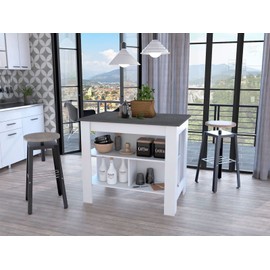 FM FURNITURE Brooklyn Kitchen Island, White, Surface Color Onix, with Three Uncovered Shelves. for Kitchen Room