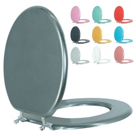 BLOFDE Round Toilet Seat Wood Toilet Seat Prevent Shifting with Zinc Alloy Hinges American Standard Size Toilet Seat Easy to Install also Easy to Clean(Round,Sparkling GentlemanGrey)