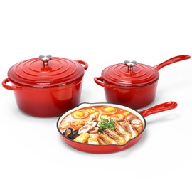 QuliMetal Nonstick Enameled Cast Iron Cookware Set, 5-Pcs Pots and Pans with Lid, Frying Pan Skillet, Sauce Pan, Healthy Round Dutch Oven Pot for Sourdough Bread Baking on All Stovetop, Rouge Red