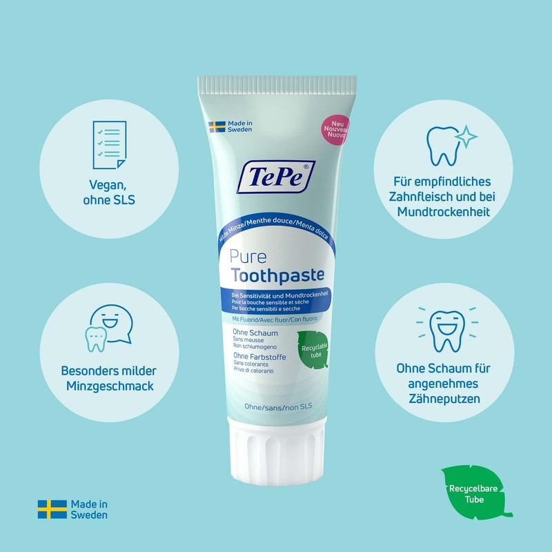 TePe Pure Toothpaste, Mild Mint, Very Gentle Fluoride Toothpaste for