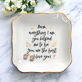 OASSIE Mothers Day Gifts for Mom from Daughter Son - 4"x4" Ceramic Jewelry Dish Tray - Mother's Day Mom Birthday Gifts for Women Mama Mother, Decorative Trinket Dish for Rings Earrings