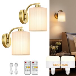 Glitnous Battery Operated Wall Sconce Set of 2, Rechargeable Wall Sconce with 13000mAh Bulb Pleated Lampshade, Wireless Battery Powered Wall Sconces Set of 2 for Bedroom Living Room, Gold
