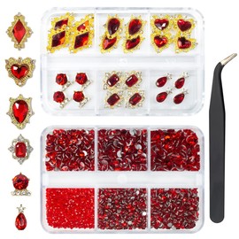 24pcs Red Luxury Nail Charms +2000pcs Ruby Red Rhinestones 3D Big Nail Gems K9 Glass Nail Crystals Diamonds Jewelry Stones Alloy Nail Art Studs Decor Supplies Heart Charms for Arylic Nails Crafts DIY