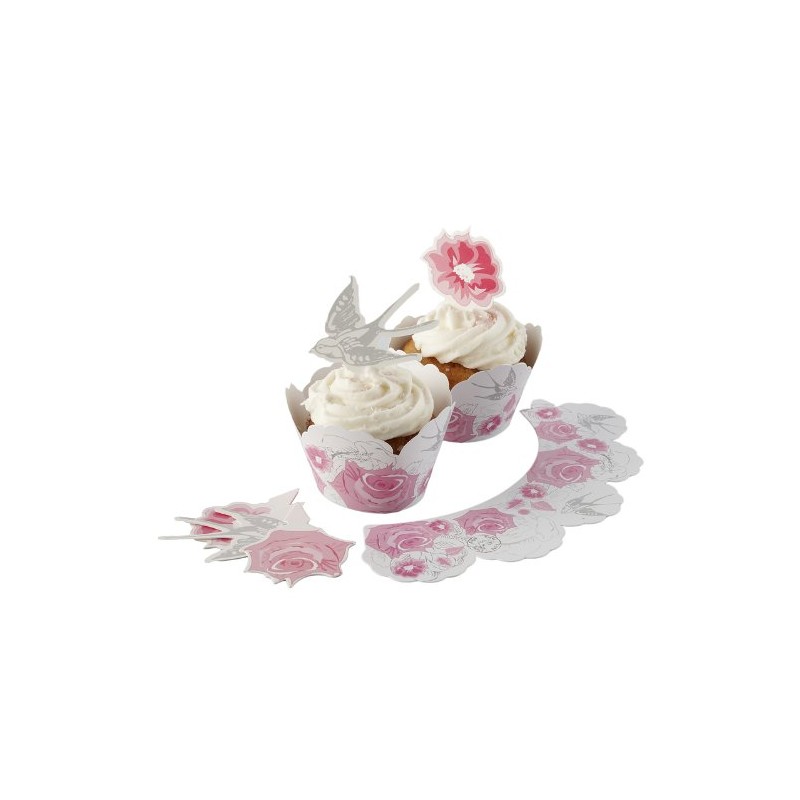 Rose & Swallow Cupcake Toppers & Wraps - Enchanted Rose