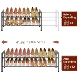 FAVOOSTY 2-Tier Expandable Shoe Rack, Adjustable Shoe Shelf Storage Organizer Space Saving Metal Free Standing Shoe Rack for Entryway Closet Doorway, Silver Grey