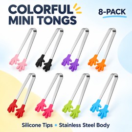 Mini Kitchen Tongs for Snacks and Food Serving – Stainless Steel Clips with Silicone Hand-Shaped Tips for Everyday Use, 8-Pack