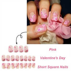 Pink Glitter Heart Press on Nails Short Square Valentines Fake Nails Glossy Cute Acrylic Glue on Nail Romantic Valentines Full Cover Stick on Nail for Women DIY Manicure