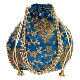 Purpledip Potli Bolsa (embrague, bolso con cordón) para mujer con hilo dorado intrincado y bordado de lentejuelas, azul (Blue Vines), L