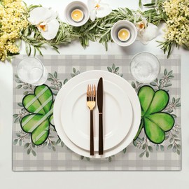Shamrock St. Patrick's Day Placemats Set of 4 Eucalyptus Leaf Non-Slip Place Mat 12x18 Inch Spring Seasonal Holiday Bufflao Plaid Table Mats for Party Kitchen Dining Decoration