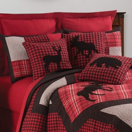 C&F Home Russell Pieced Lodge Cabin Buffalo Check Bear Deer Moose Machine Washable Reversible King Cotton Quilt Set King 3 Piece Set Red