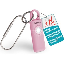 Ivation Personal Rechargeable SOS Alarm, Pocket Size Loud 130dB Sound Safety Siren & LED Panic Strobe Light with Carabiner Keychain Clip for Women, Children & Seniors, Pink