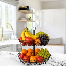 SDZOREN Metal 2-Tier Floor Fruit Basket – Easy to Assemble, Antique Black, Great for Fruits and Home Organization (2 layer)