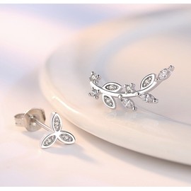 Iszie 925 Sterling Silver Cubic Zirconia Crystal Leaf Asymmetric Cuff Earrings Gift For Girls Women