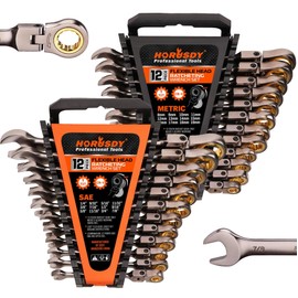 HORUSDY 24-Piece Flex-Head Ratcheting Wrench Set | Metric and SAE | Ratchet Combination Wrenches Set with Organizer | 72-Teeth | Chrome Vanadium Steel | 8-19 mm & 1/4” to 7/8“