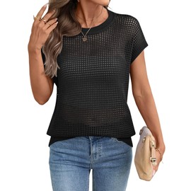 Ivicoer Womens Summer Top Short Sleeve Crochet Hollow Out Sweaters Cute Crew Neck Pullover Beach Cover Ups 2025 Black S