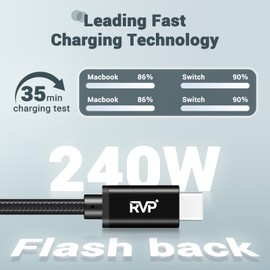RVP+ USB C 2.0 to USB C Data Cable (2Pack, 240W, 6FT), Nylon Braided 48V 5A USB C Fast Charging Cable, TPE Jacket - Black
