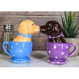 Ebros Ceramic Chocolate And Fawn Labrador Puppy Dogs With Blue And Purple Polka Dots Collars In Tea Cups Kissing Salt And Pepper Shakers Figurine Set Pet Pal Pups Puppies Labradors Golden Retrievers