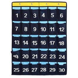 ANIZER Numbered Pocket Chart Over Door Hanging Classroom Organizer for Cell Phones Calculators Holders Blue (30 Pockets)