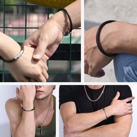 Richsteel Men's Leather Bracelet Engraved Stainless Steel Real Leather Black / Brown Waterproof 18-22 cm Bracelet, Stainless Steel