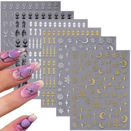 6 Sheets Nail Art Stickers Decals Holographic 3D Bone Geometric Lines Snowflake Star Nail Art Designs Gold Nail Adhesive Sticker Transfer Decal Supplies for Women Girls Manicure Charms Decorations