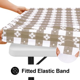 Spotjoy Rectangle Picnic Table Cloth, Waterproof Elastic Fitted Outdoor Table Covers for 8 Foot Tables, Flannel Backed Plastic Vinyl Tablecloths for Camping, Dining and Indoor (30"x96", Khaki & White)
