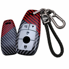 SANRILY Fit for Mercedes Key Case Carbon Fiber Pattern 4 Button Smart Key Fob Cover Fit for 2019-2021 A-Class C-Class G-Class 2017-2020 E-Class S-Class Keyless with Weave Keychain Black-red