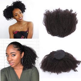 Kbeth Human Hair Ponytail Extensions Yaki Afro Kinky Straight Curly Ponytail Wrap Drawstring Human Hair Natural Black Color Hairpiece with Clip in Binding Pony Tail (12 Inch, Afro Kinky)
