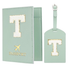 PATIKIL Passport Holder for Travel, Initial Passport Cover and Luggage Tag Set with Alphabet Chenille Letter Patch Travel Wallet Bag Suitcase Identifier for Women Family Travel Green T
