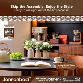 Jonronboci 3pcs Ceramics Jars with Artificial Rose Fake Flower and Wood Tray, Centerpiece Table Decorations Set - Modern Boho Table Decor for Living Room Coffee Table or Kitchen Dining Room Table (Beige White)