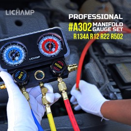 Lichamp AC Gauges, A/C Manifold Gauge Set for R134a R22 R12 R502, Professional #A302