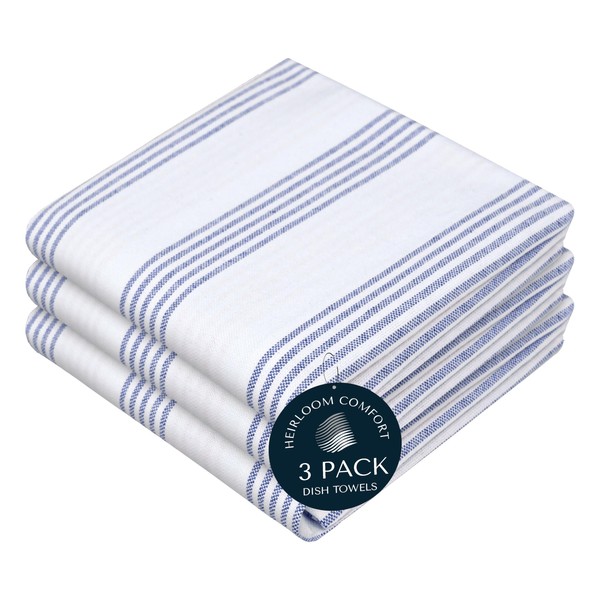 HEIRLOOM COMFORT Indigo Blue Stripe Kitchen Towels, 3 Pack, 100%