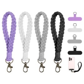 Hpmjz 4 pcs Boho Phone Wrist Strap Soft Macrame Keychains Braided Keychain Straps Universal Smartphone Wrist Lanyard Handmade Keychain Wristlet with Tether Tabs Patches for Women Men