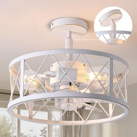 REDSTAR 15" Caged Ceiling Fans with Lights and Remote Flush Mount, White Round Industrial Ceiling Fan Light Fixture, Small Bladeless Ceiling Fan for Bedroom, Kitchen, Indoor