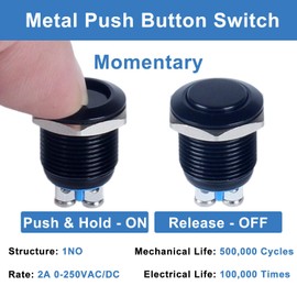 DMWD 12mm Metal Momentary Push Button Switch Waterproof IP66 Anti-Vandal Screw Terminals 12V 24V 36V DC 110V 250V AC 2A 1NO ON-Off 1/2" Mounting Hole Aluminium Alloy Black Shell