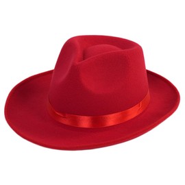 Black Wide Brim Satin Ribbon Fedora Panama Hat Rancher Hat for Men and Women, red