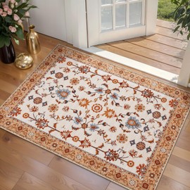 Tangsoo - Alfombra floral pequeña de 2 x 3 pulgadas, lavable para entradas, clásico, antideslizante, color naranja, alfombra de entrada envejecida, alfombra suave de pelo bajo, para entrada, recámara