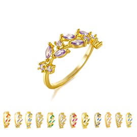 Amethyst Birthstone Rings Jewelry Birthday Gifts for Women Real Gold Plated Crystal Leaf/Flower Rings Mother's Day Birthday Gift for Her Best Friend Valentine's Day Gift for Girlfriend Wife