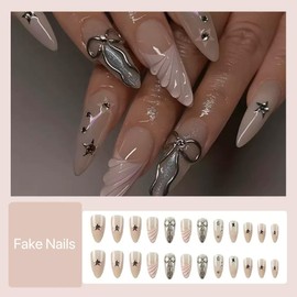 Almond Press on Nails Medium Fake Nails Pink False Nails with Silver Bow Star Design Acrylic Nails 3D French Glue on Nails Full Cover Stick on Nails Glitter Artificial Nails for Women Manicure 24Pcs
