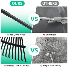 Rake for Leaves Heavy Duty Metal Garden Tools with 64.1 Inch Adjustable Steel Handle 25 Tines Leaf Rakes for Lawns Flower Bed Shrub Camping, Black