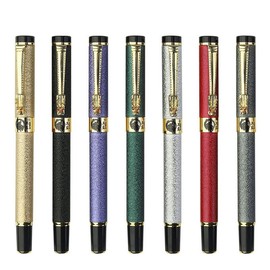 Ranvi 7 PCS Golden Dragon Red Crystal Eyes Fountain Pen,Gift Pens with Converters,Bent Nib,Mix Color