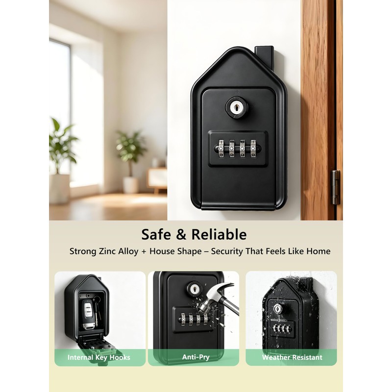 Key Security Box Wall Mount, 4-Digit Combination Lock Box with