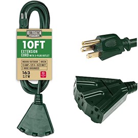 Cablectric 10 Foot Outdoor Extension Cord with 3 Power Outlets - 16/3 SJTW Green 16 Gauge Electrical Cable