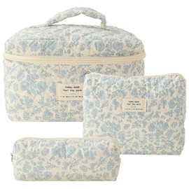 CHAMAIR 3Pcs Coquette Makeup Bag - Quilted Cosmetic Bag Large Make Up Bag Set Aesthetic Floral Toiletry Bag Cotton Travel Skincare Bag for Women Ladies Girls (Style B1)