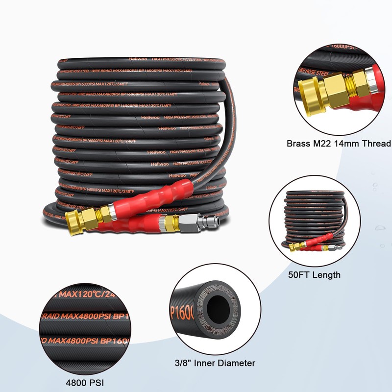 Heliwoo Pressure Washer Hose 50FT, 4800PSI Wire Braid Power Washer