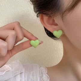 Xmsrn Vintage Acrylic Heart Stud Earrings Green Heart Love Earrings Puffy Love Heart Earrings Green Risen Heart Earrings Jewellery for Women and Girls, Zinc, No Gemstone