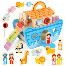 Wooden Noahs Ark Toy Animal Playset, Baptism Gifts for 2 3 4 Years Old Boys Girl, Lacing Beads, Shape Sorter, Montessori Noah's Ark Toys with Bible Story Book for 24 Months Kids